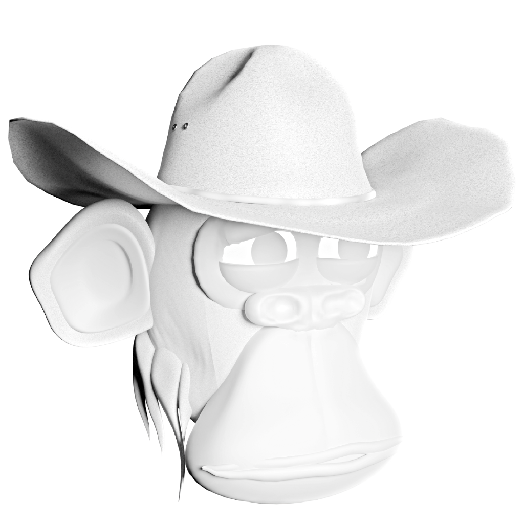 3D model of the Bored Ape in white in a clay texture.