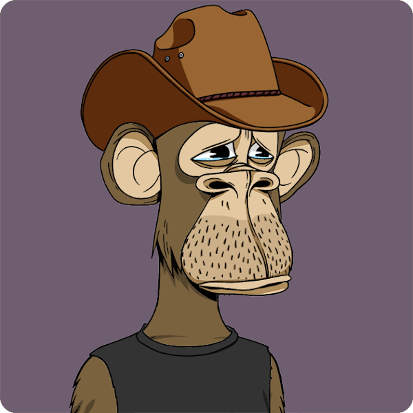 Bored Ape Yacht Club #9578 is wearing a cowboy hat with a sad face. The image have a purple background and the Ape is wearing a black t-shirt. We used this image to make the 