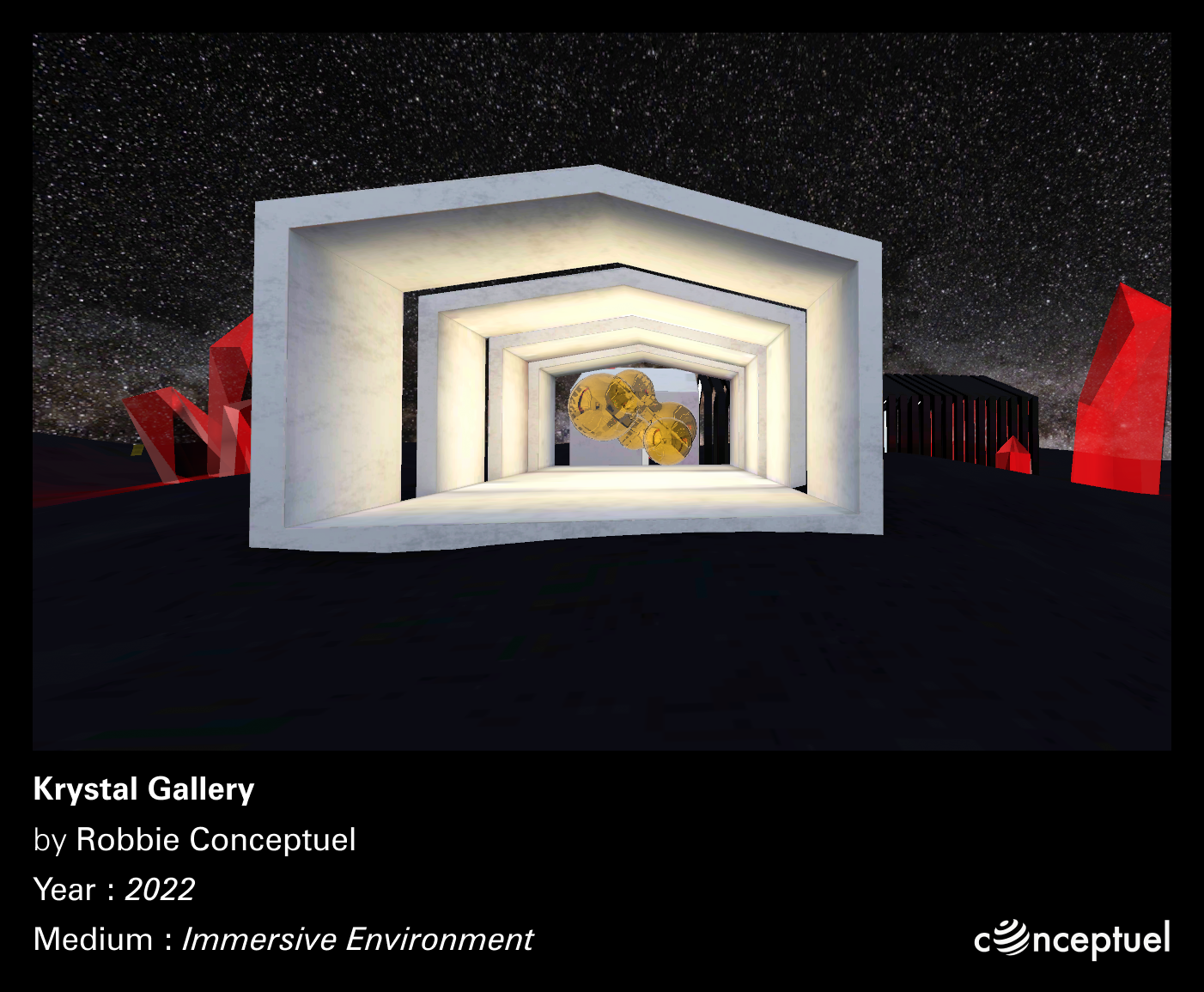 Central gallery space with crystalline light effects