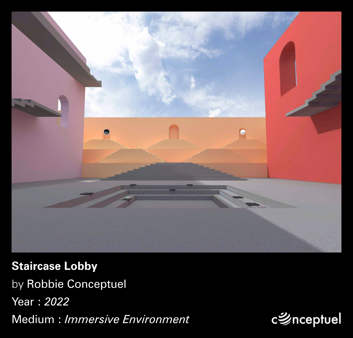 Wide view of lobby space and vertical elements